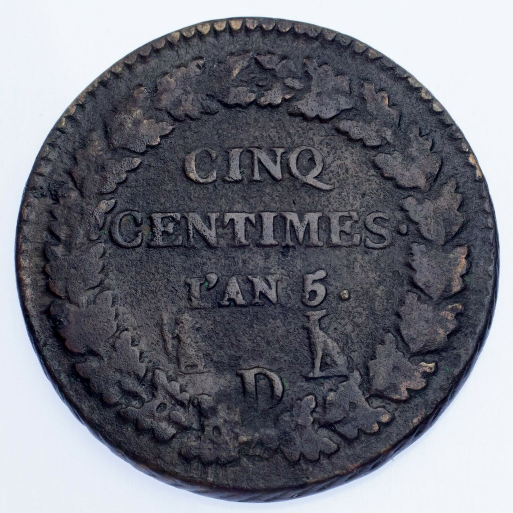 LAN 5 (1796-97) France 5 Centimes Coin (VF) Very Fine KM# 640.5