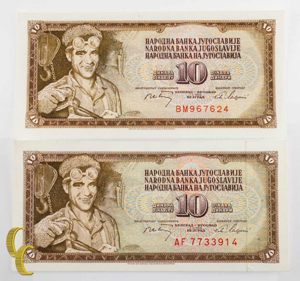 1968 Yugoslavia 2 pc 10 Dinar Note Lot ( UNC) Uncirculated Condition