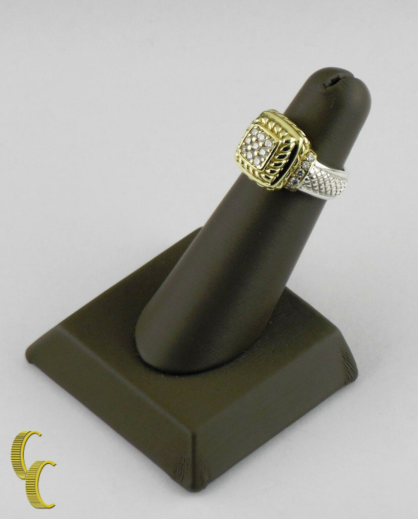 Judith Ripka 18k Yellow Gold & Sterling Silver Diamond Plaque Ring Sz 5.75