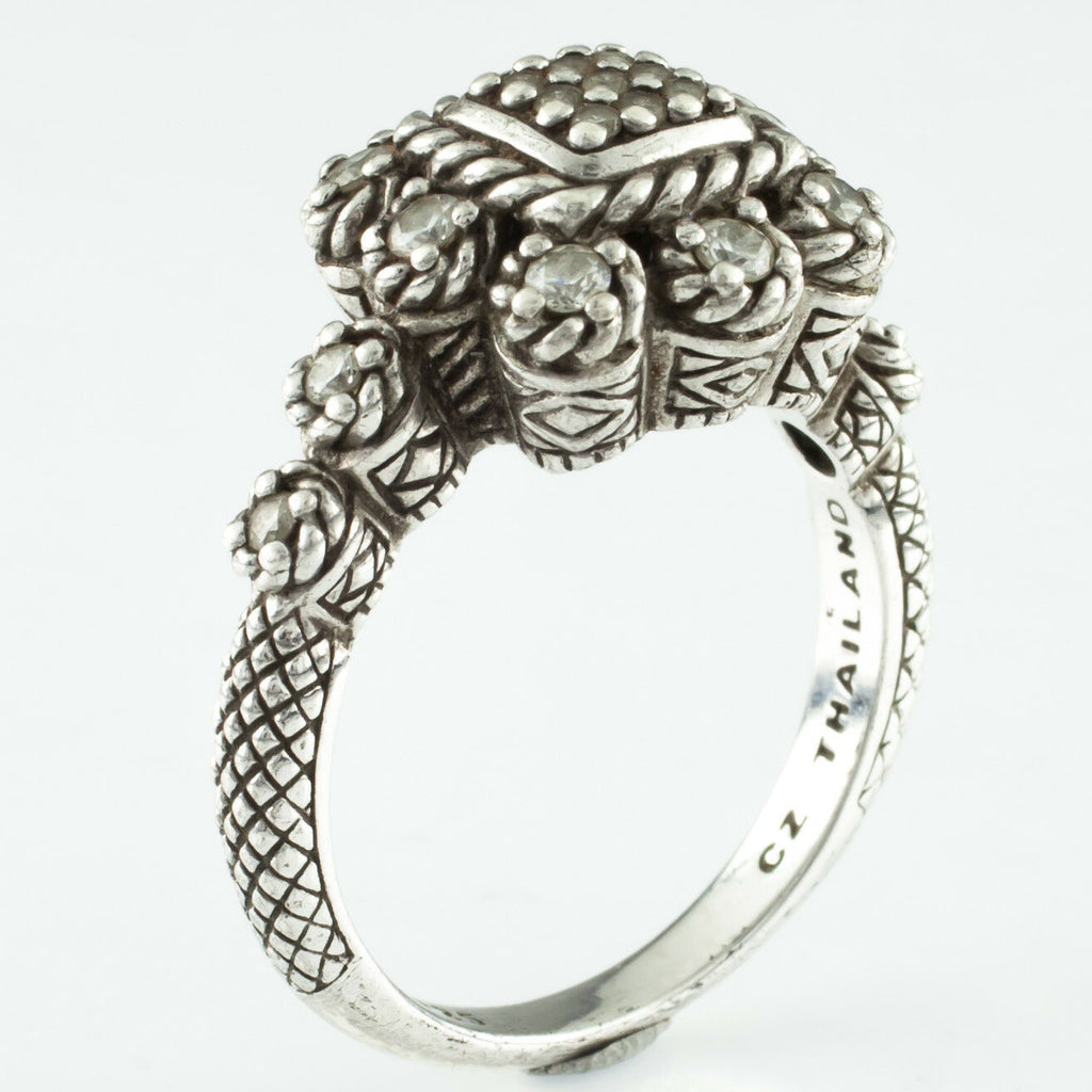 Judith Ripka Sterling Silver Iron Cross Diamonique Ring w/ Petal Accents Size 11