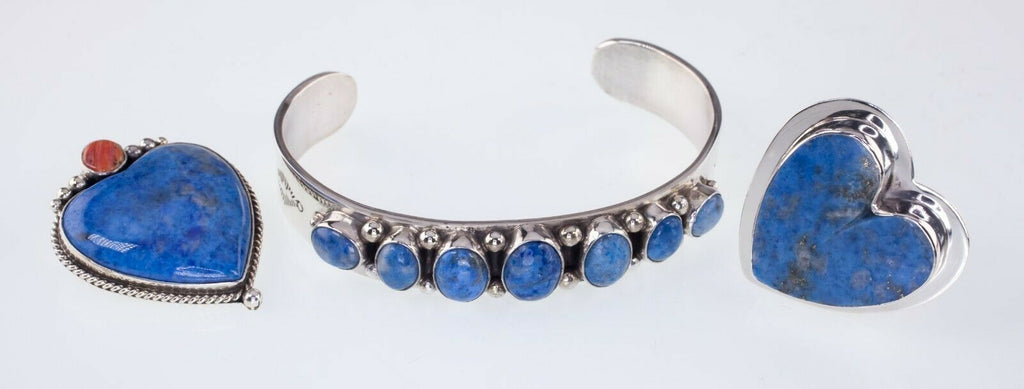 Sterling Silver Navajo Lapis Lazuli Cuff, Brooch, and Ring Set by Nez