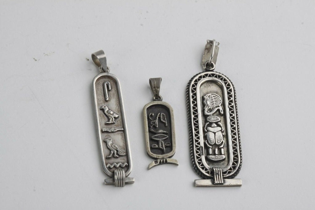 THREE 3 VINTAGE STERLING SILVER EGYPTIAN NAME TAG HIEROGLYPHIC WRITING PENDANTS