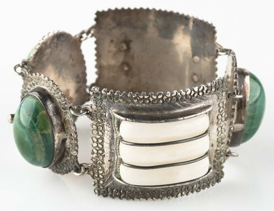 Vtg Mexican Silver Green/White (Jade/Quartz) Gemstone Cuff Bracelet 7" 112.6 g