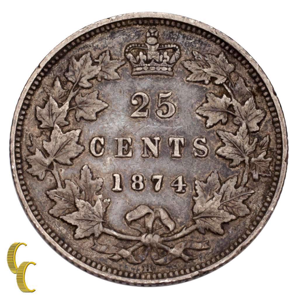 1874-H Canada 25 Cents Coin (VF) Very Fine Condition