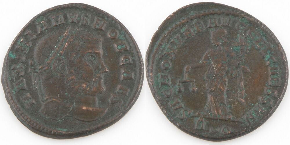 305-311 AD Roman Imperial AE Follis Coin VF+ Galerius Maximian Moneta S-3711