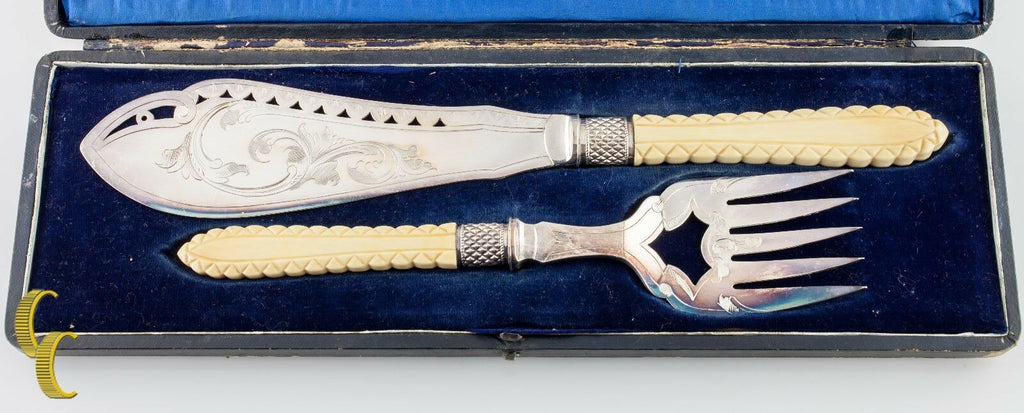 Vintage Fish Knife & Fork Serving Set Silver Plated w/ Tan Handles