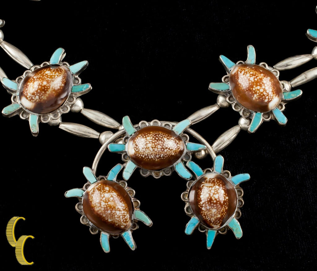 Navajo Brown Speckled Shell & Turquoise Sterling Silver Naja Necklace