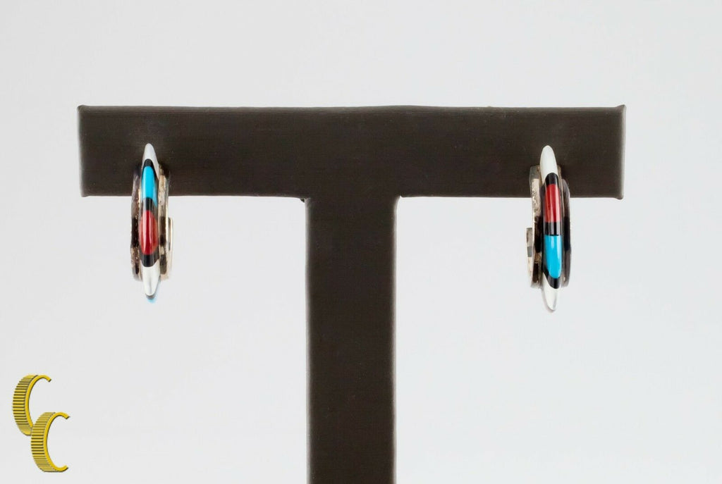 .925 Sterling Silver Coral/ Mother Of Pearl/Turquoise Half Crescent Earrings