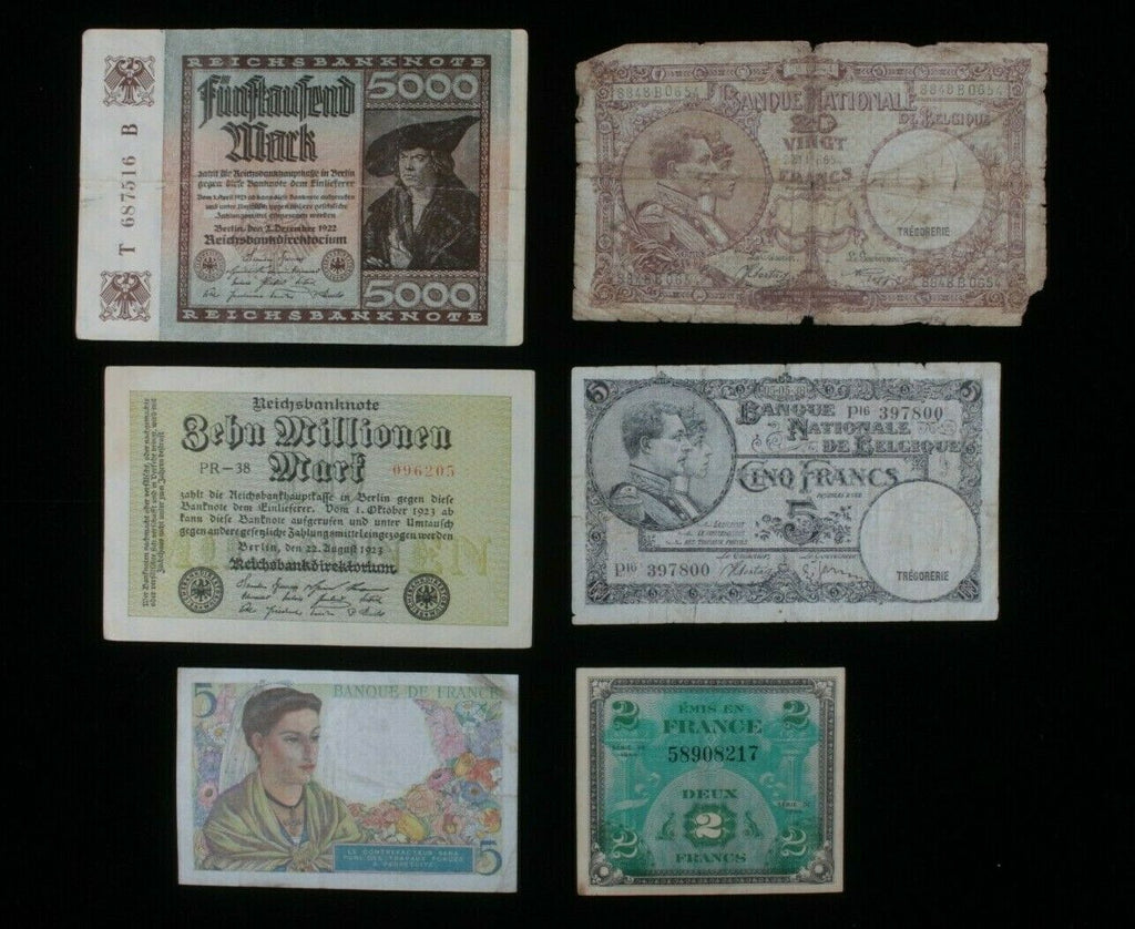 European Nations 6-Notes Currency Set // France & Belgium Francs, Germany Mark