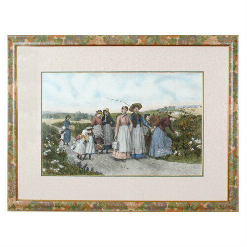 "The Berry Pickers" by Jennie Brownscombe Colored Aquatint Etching Framed 33x44