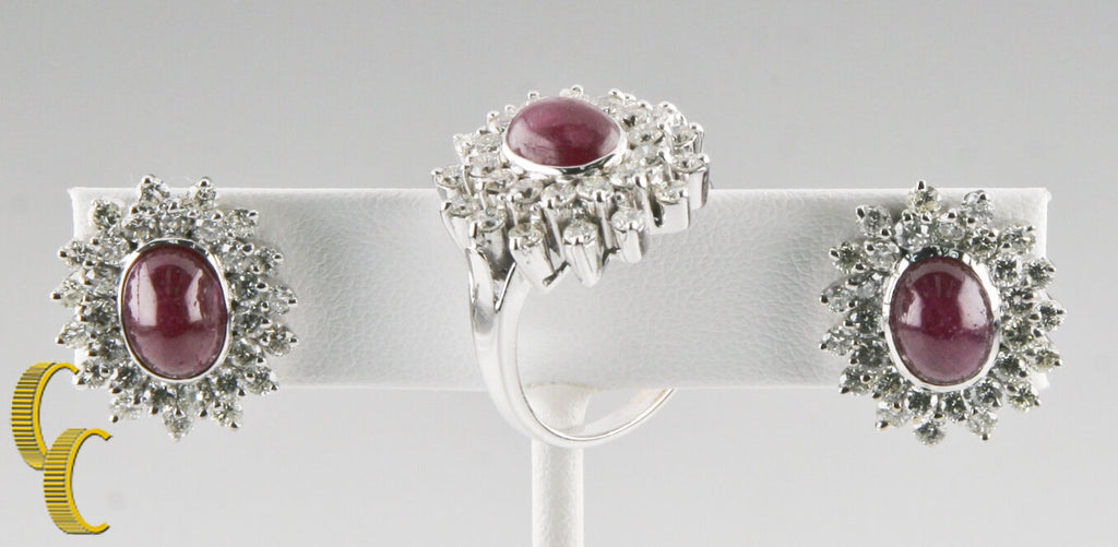 14k White Gold Diamond & Ruby Cabochon Ring and Earring Set Size 6.75 Gift!