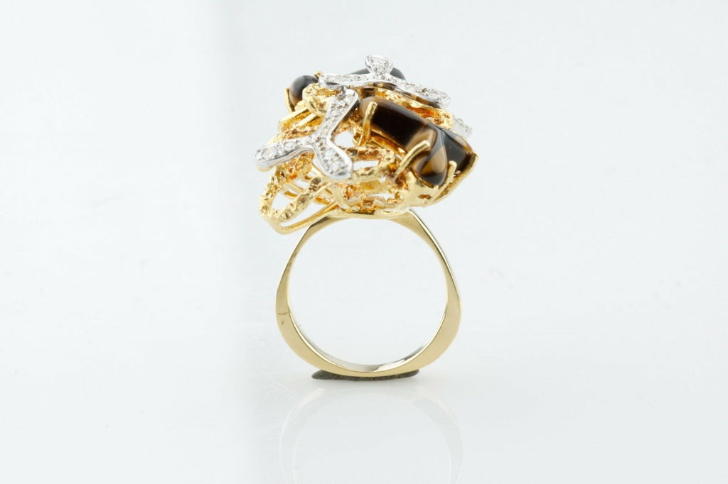 Tiger Eye Quartz & Diamond Free Form Design 18k Two-Tone Gold Cluster Ring
