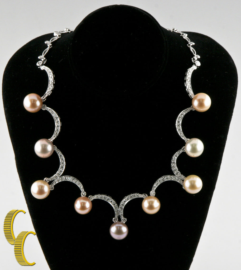 Fresh Cultured Pearl & Diamond 18k White Gold Ladies Cast & Assembled Necklace