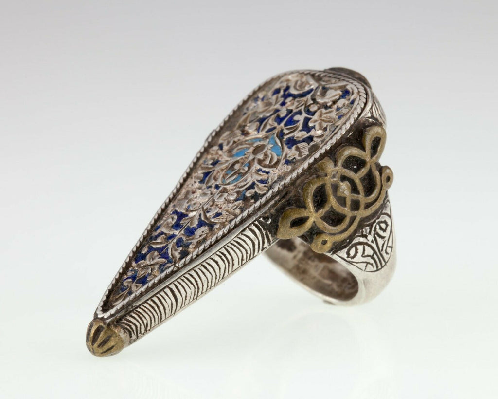 Vintage Silver and Brass Enamel Afghan Plaque Ring Size 6 Gorgeous!
