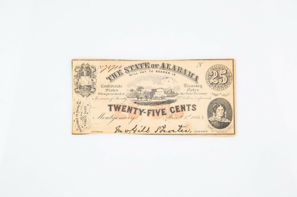 1863 State of Alabama $0.25 Twenty-Five Cents confederate Fractional Currency