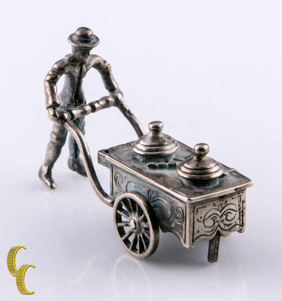 Vintage Silver Miniature Dollhouse Man Street Vendor w/Pushcart