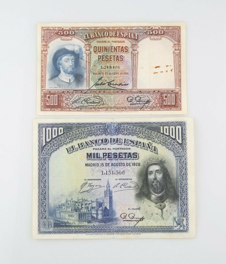 Spain Peseta Notes (Lot of 2) 1931 500 Peseta VG+ P#84 1928 1000 Peseta F+ P#78a