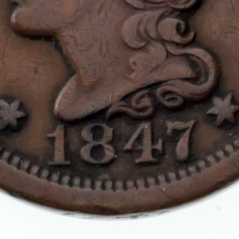 1847 Large Cent VF Condition, All Brown Color, Nice Detail Both Sides