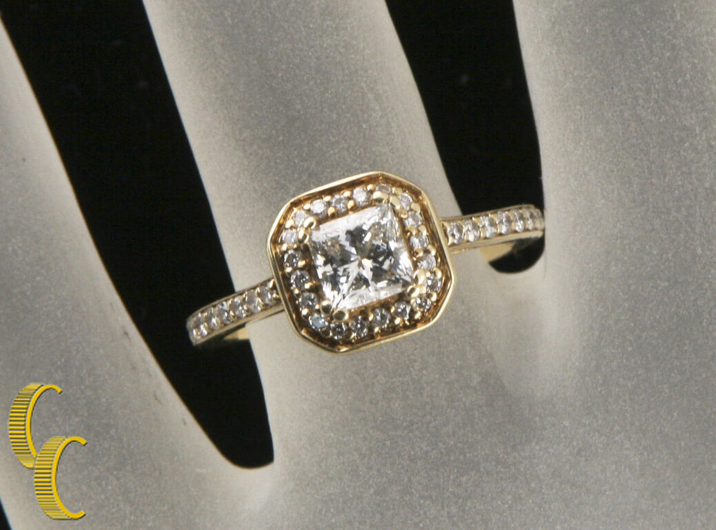 1.00 carat Princess Cut Diamond Halo 14k Yellow Gold Engagement Ring Size 5.5