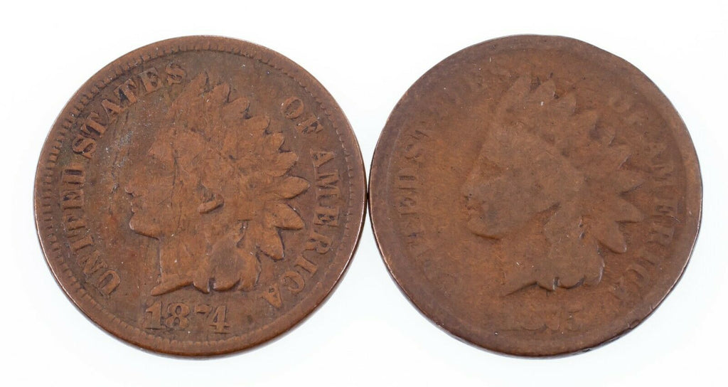 Lot of 2 Indian Cents (1874 VG and 1875 Good), Brown Color for Both