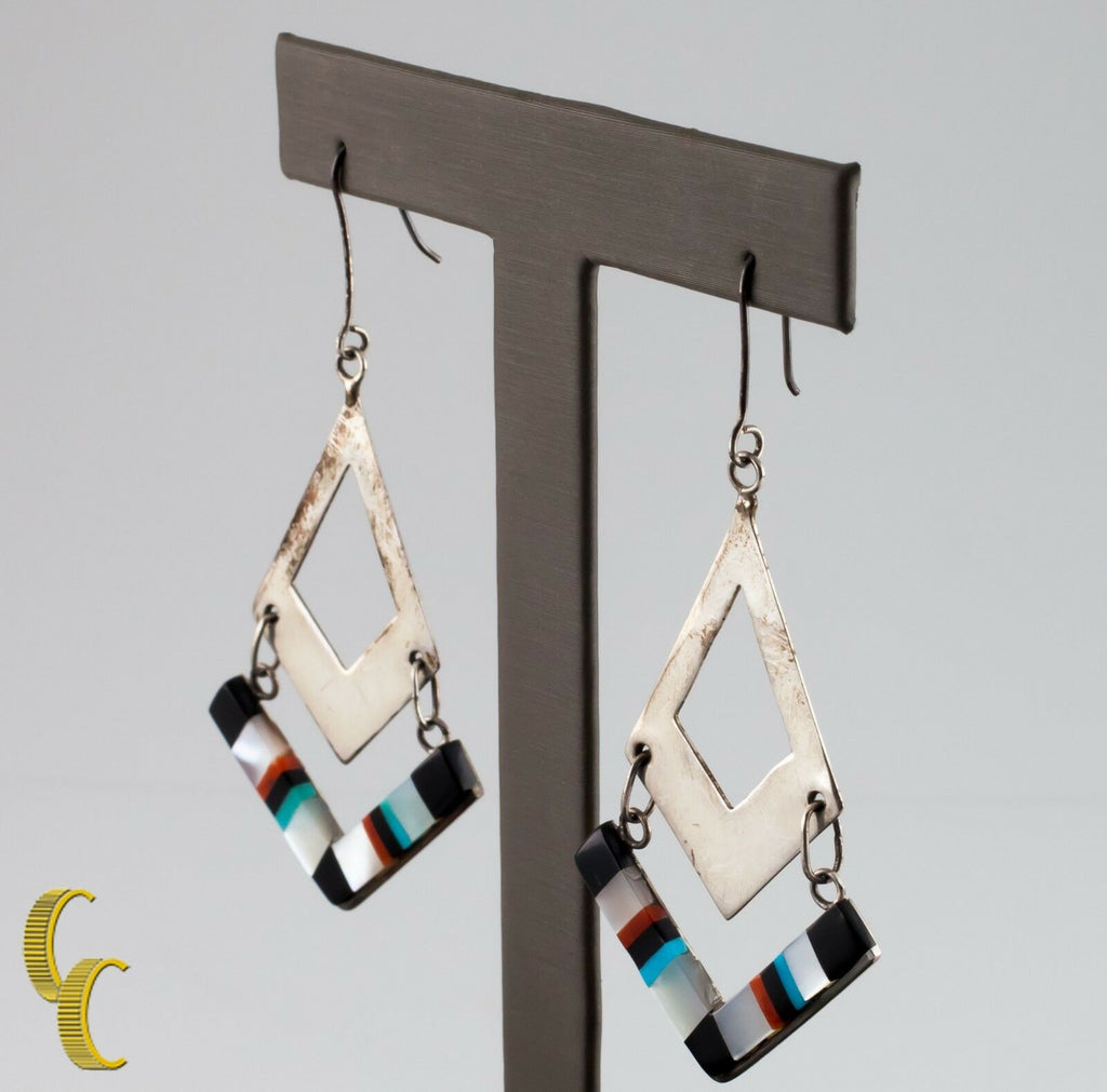 .925 Sterling Silver Coral/Turquoise/Mother Of Pearl & Onyx  Earrings