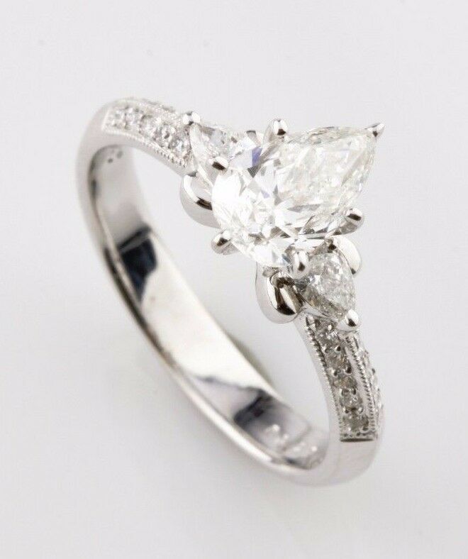 1.36 carat Pear Shape Diamond 18k White Gold Engagement Unity Ring Size 6
