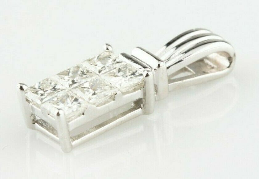 14k White Gold Princess Cut Invisible Set Diamond Pendant TDW = 1.00 ct