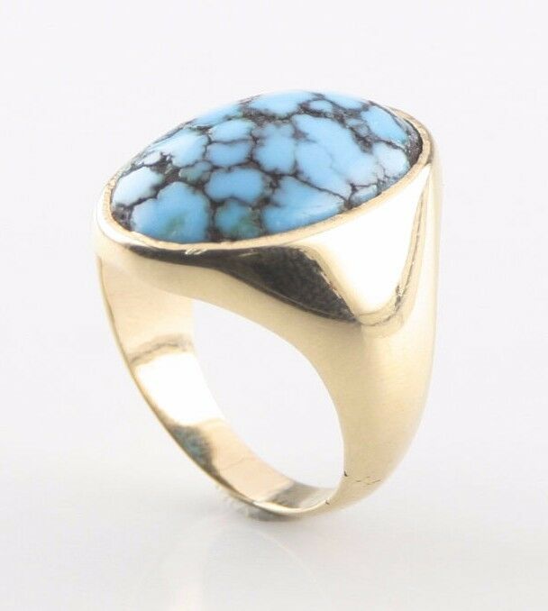 14K Yellow Gold Cracked Turquoise Oval Cabochon Ring Size 5 1/2 Beautiful!