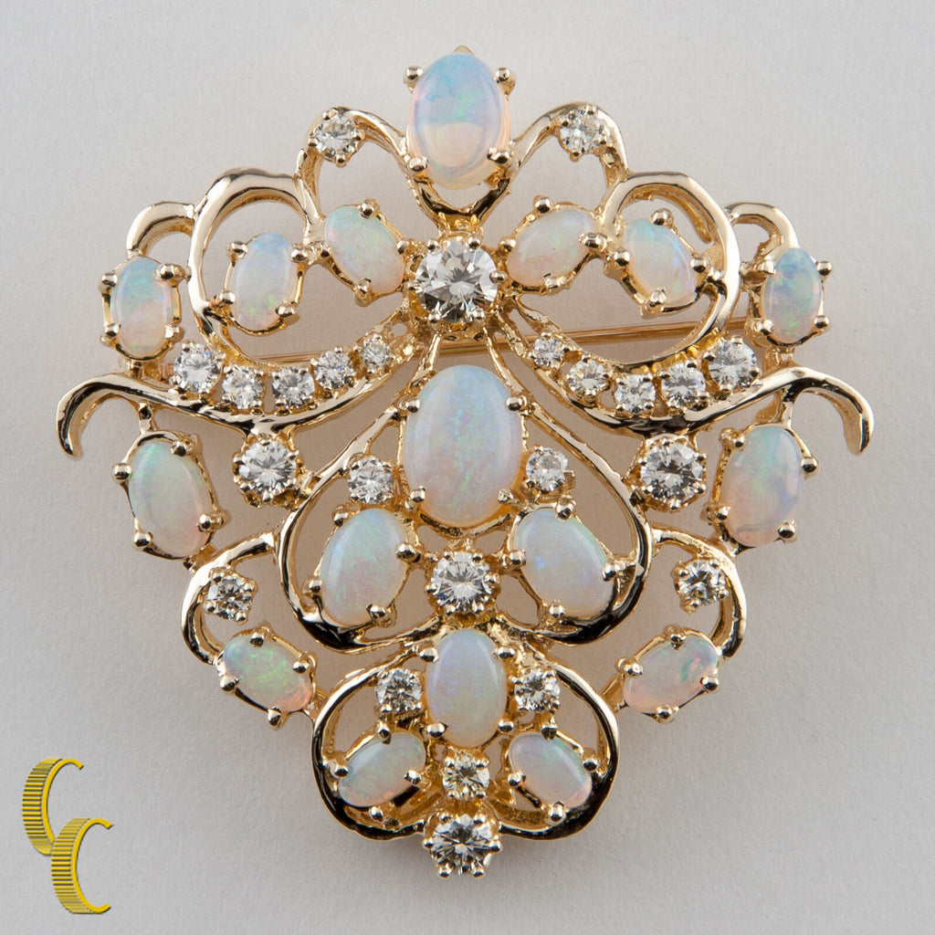 14k Yellow Gold Opal & Round Brilliant Cut Diamond Brooch Pin