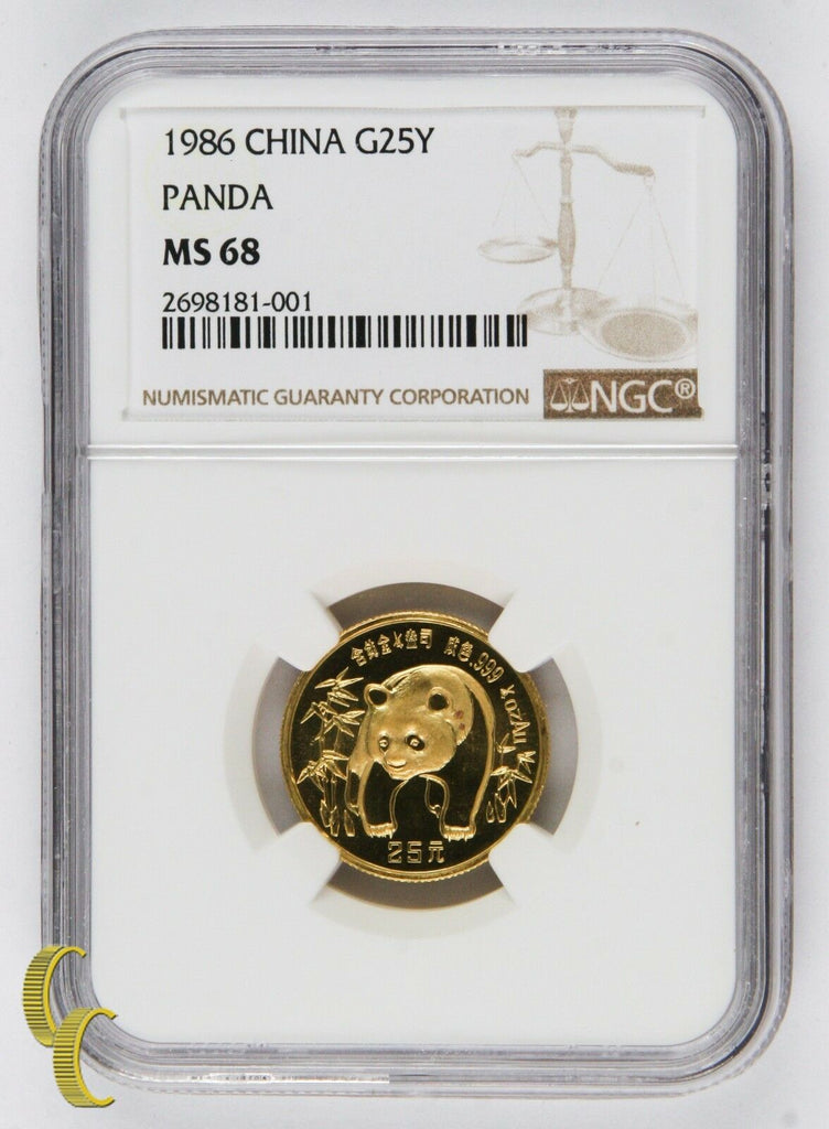 1986 Chinese G25Y Gold Panda 1/4 Ounce Graded by NGC as MS-68