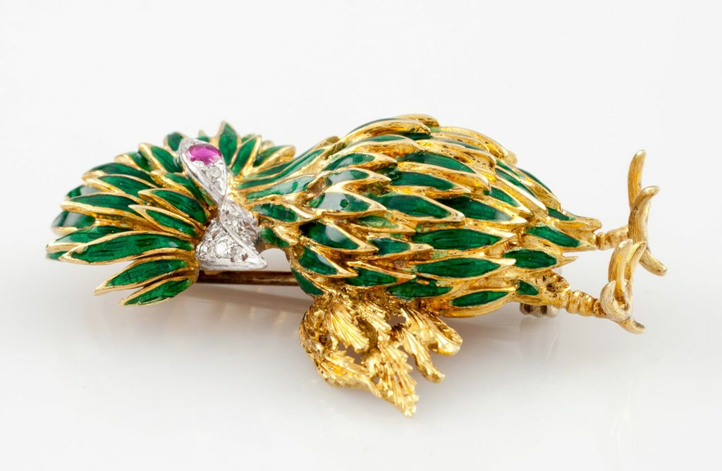 18K Yellow Gold Diamond and Ruby Green Enamel Bird Brooch