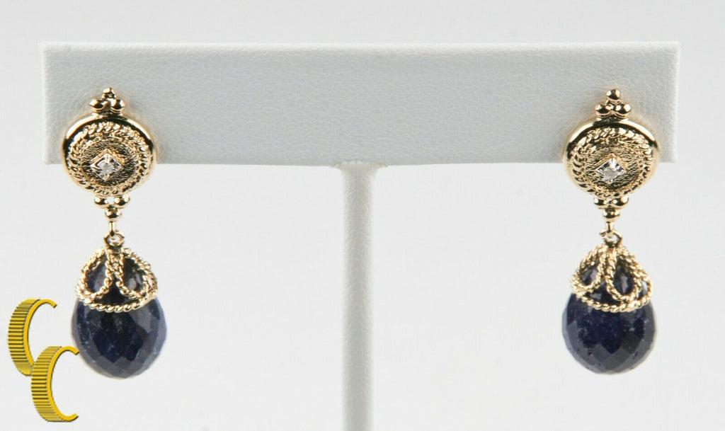 14KT Yellow Gold Briolette Sapphire and Diamond Dangle Earrings TCW = 23.04