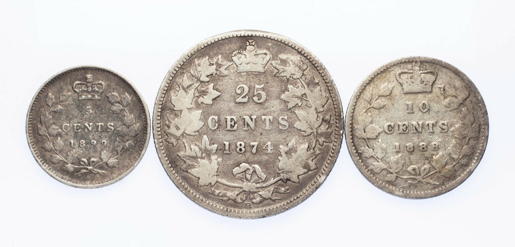1899 5C, 1888 10C, 1874 25C Silver Canada Lot of 3 Coins (VG-VF Condition)