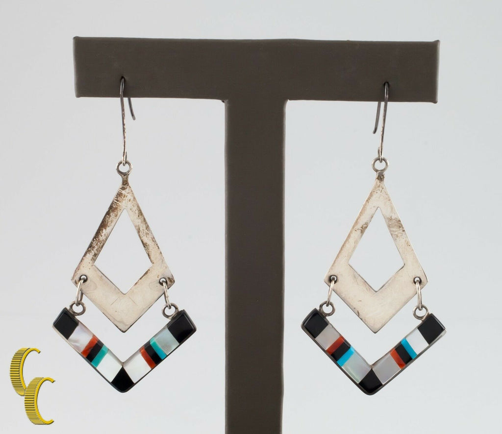 .925 Sterling Silver Coral/Turquoise/Mother Of Pearl & Onyx  Earrings