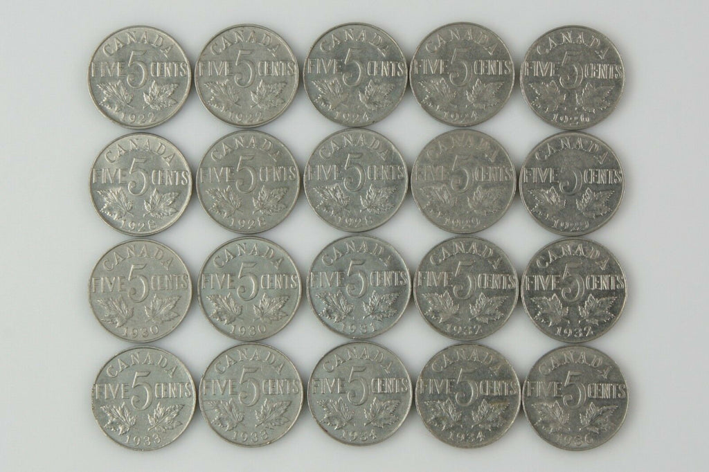 1922-1936 Canada 5 Cent Lot (Most VF-XF, 20 coin) George V Nickel Five 5c KM-29