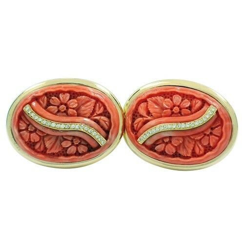Carved Coral & Diamond 18k Yellow Gold Clip-on Earrings