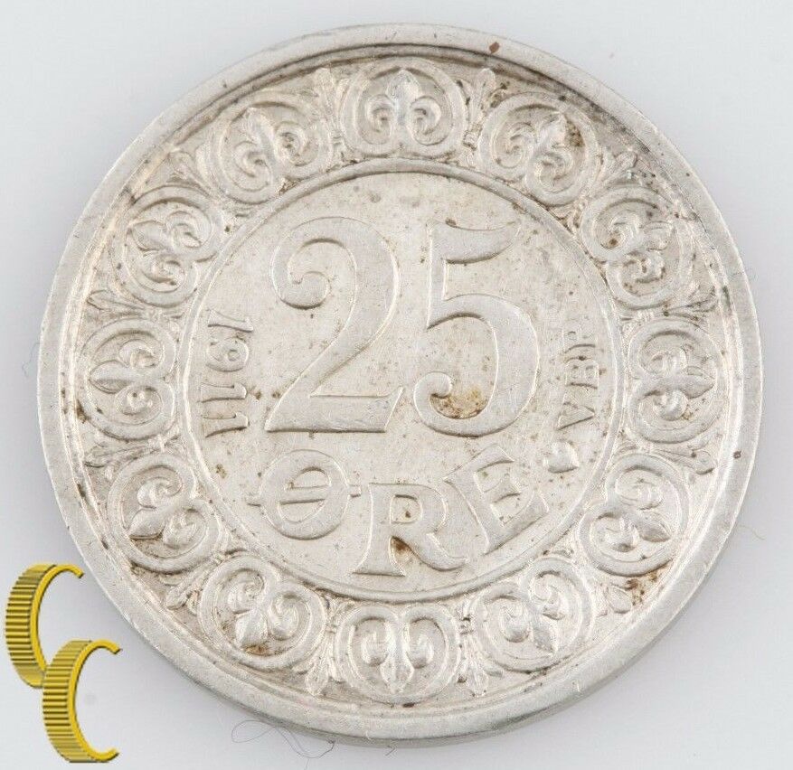 1911(h) VBP GJ Denmark 25 Ore (Extra Fine, XF) Frederick VIII Øre Coin EF KM-808