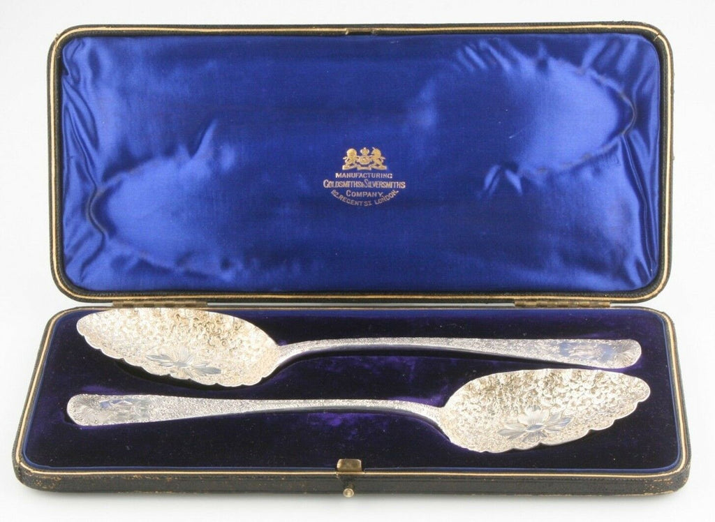 Vintage Gold/Silversmiths Intricate Sterling Silver Serving Spoons w/ Case 1948