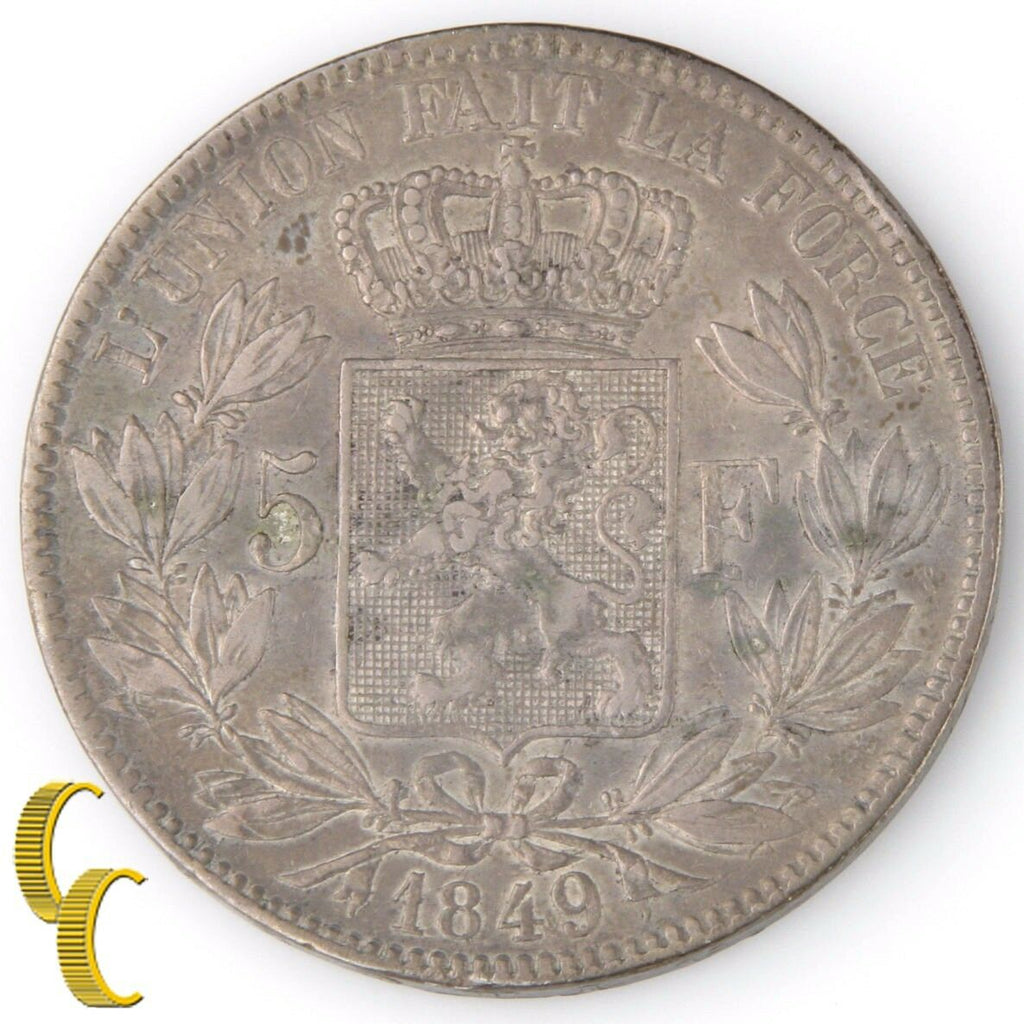 1849 Belgium 5 Franc, 5 Frank (Extra Fine, XF) King Leopold Silver KM#17