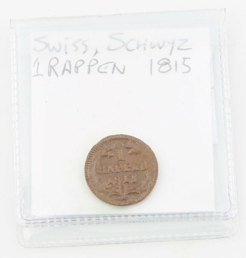 1815 Swiss Cantons Schwyz 1 Rappen Coin UNC Mostly Red Uncirculated KM#65