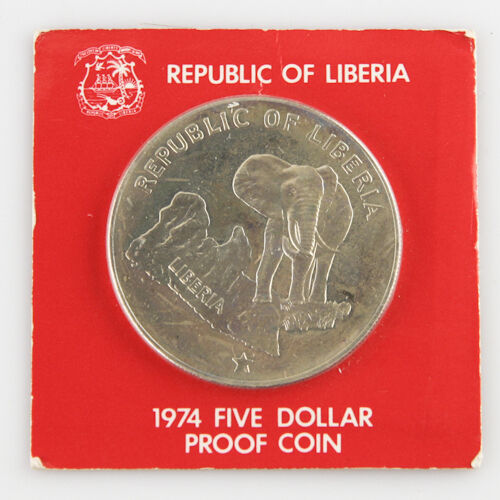 1974 Liberia $5 Dollar Coin (Proof, PF) 0.900 Silver Bull Elephant Five KM-29