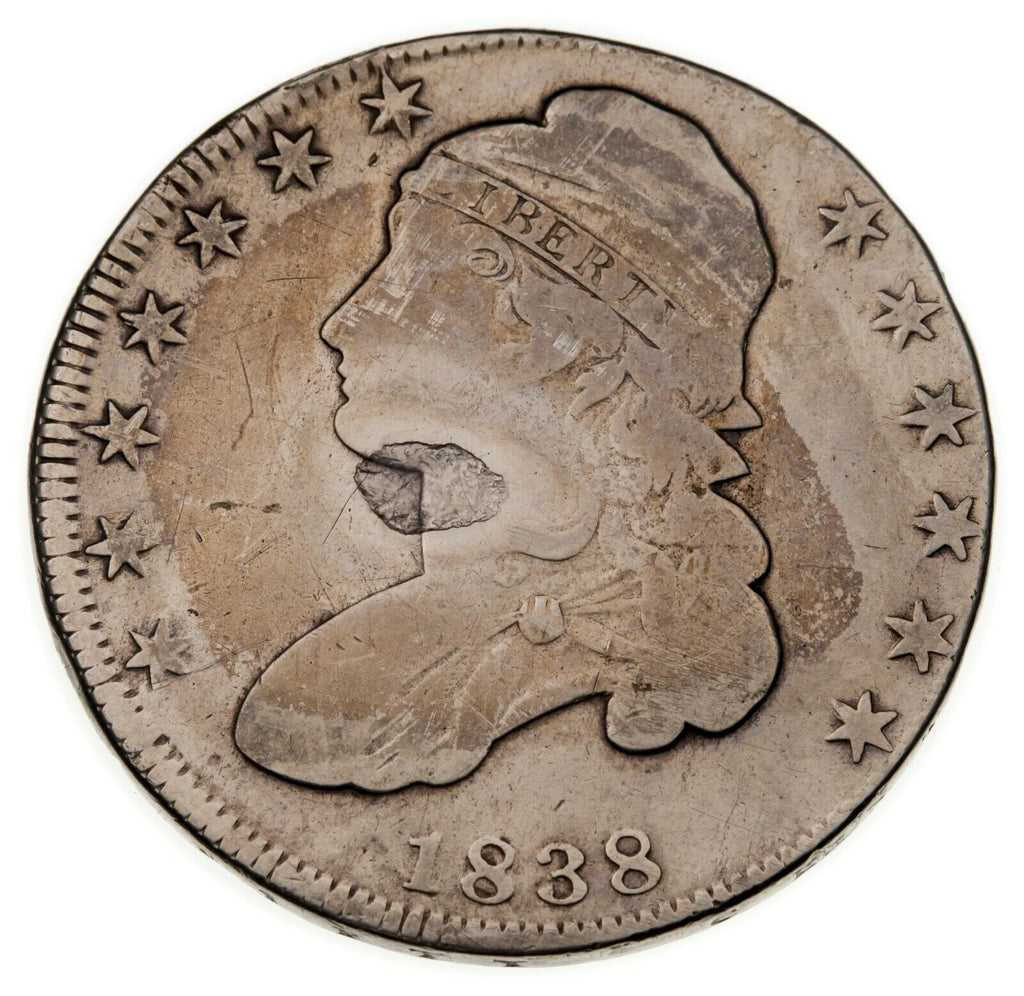 1838 Bust Half Dollar in AG Net Condition, Some Acid Damage, Neat Color!