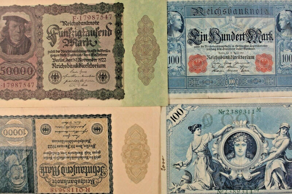 1908-1922 Germany 4-Notes Set / (2) Empire 100 Mark // Weimar 10000 & 50000 Mark