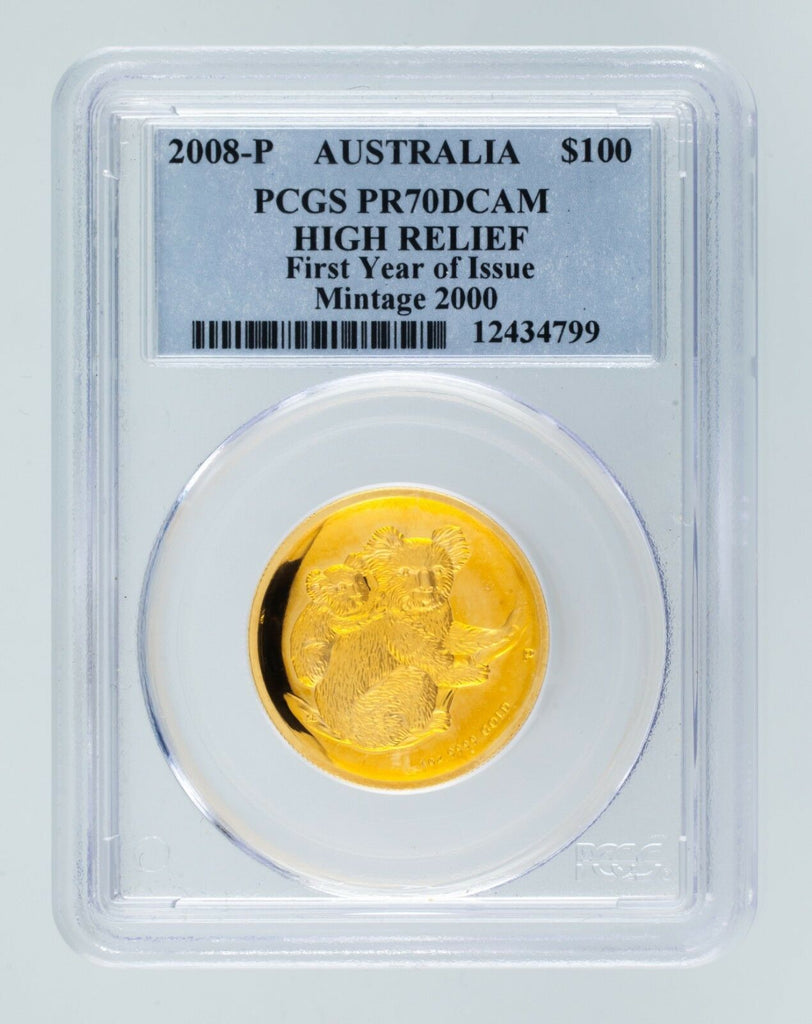2008-P Australia Gold High-Relief Koala Graded by PCGS as PR-70 DCAM $100