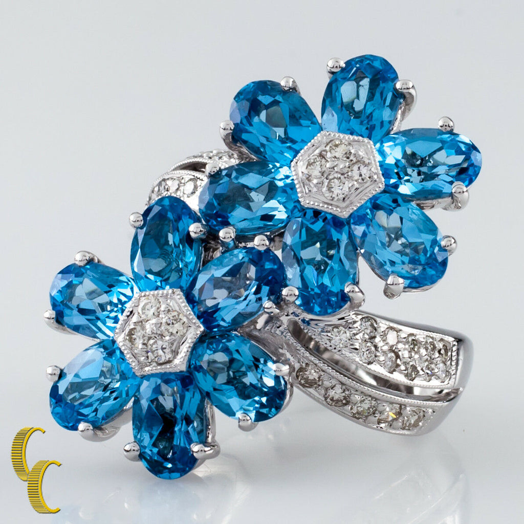 18k White Gold Blue Topaz & Diamond Flower Ring Size: 5