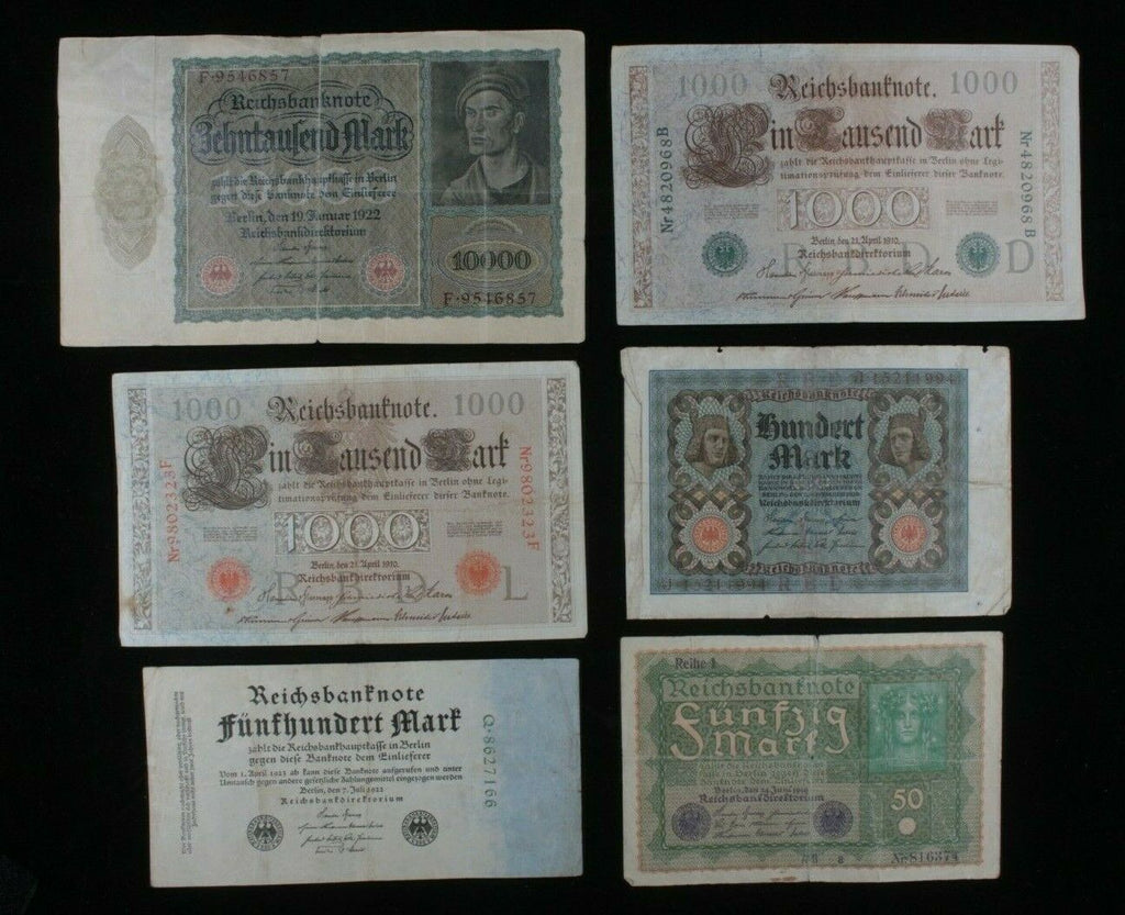 1910-1922 Germany 6-Notes Currency Set // German Empire & Weimar Republic Marks