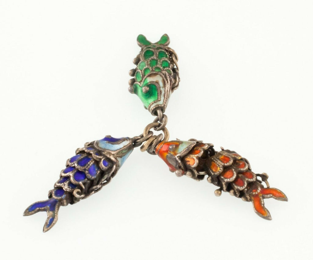 Vermeil Vintage 1920s Chinese Articulated Cloissone Filigree Koi Fish Charms (3)