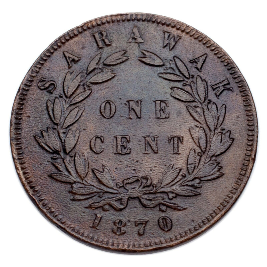 1870 Sarawak 1 Cent Copper Coin (About Extra Fine Condition) KM# 6