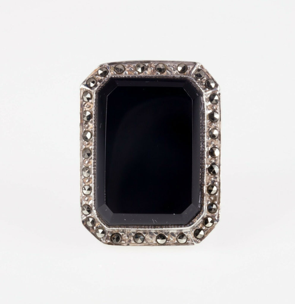 Rectangular Onyx and marcasite Sterling Silver Ring SZ 6