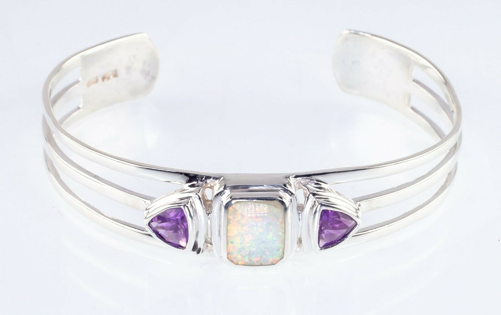 Opal Amethyst Sterling Silver Cuff Bracelet Nice Condition!